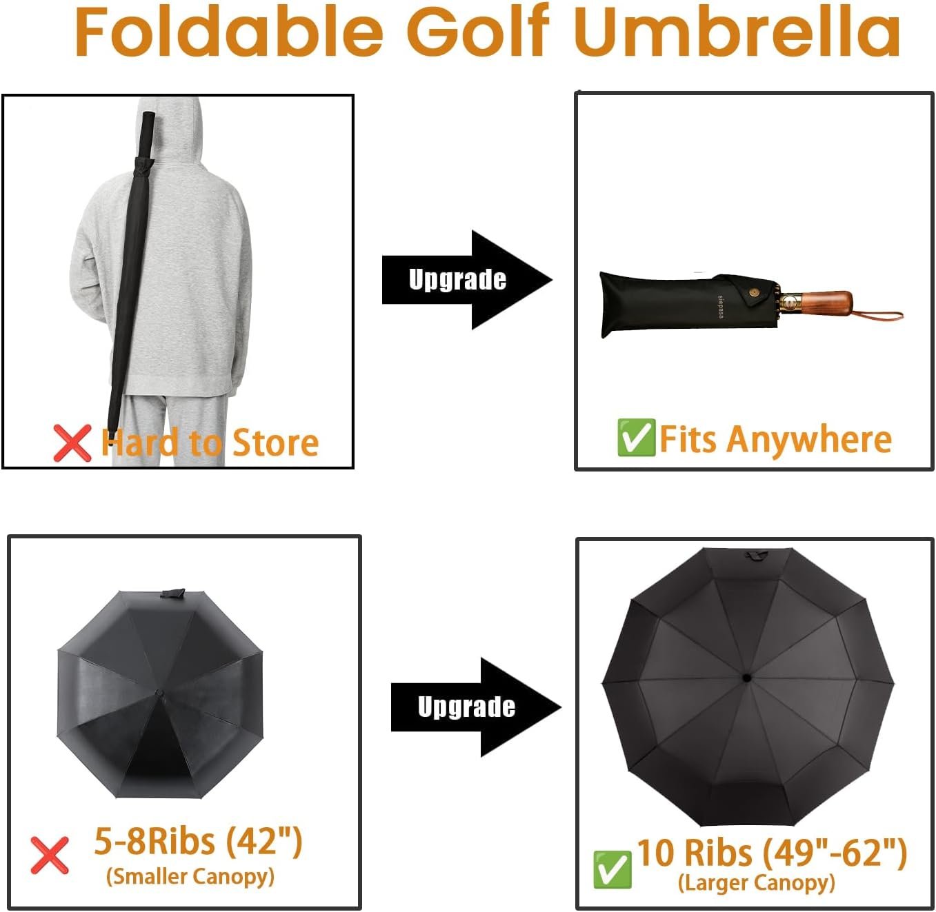 SIEPASA 49/54/62 Inch Windproof Golf Umbrella – Automatic Open/Close. Real Wood Handle – Large Folding Travel Umbrella for Wind. Rain & Sun Protection.