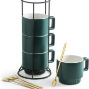 Stackable Coffee Mugs Set of 4 with Holder Spoons 11oz Ceramic Cappuccino Cups for Espresso Latte Tea Drinks. Dishwasher & Microwave Safe. Green