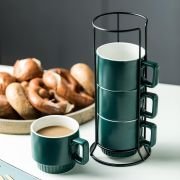 Stackable Coffee Mugs Set of 4 with Holder Spoons 11oz Ceramic Cappuccino Cups for Espresso Latte Tea Drinks. Dishwasher & Microwave Safe. Green