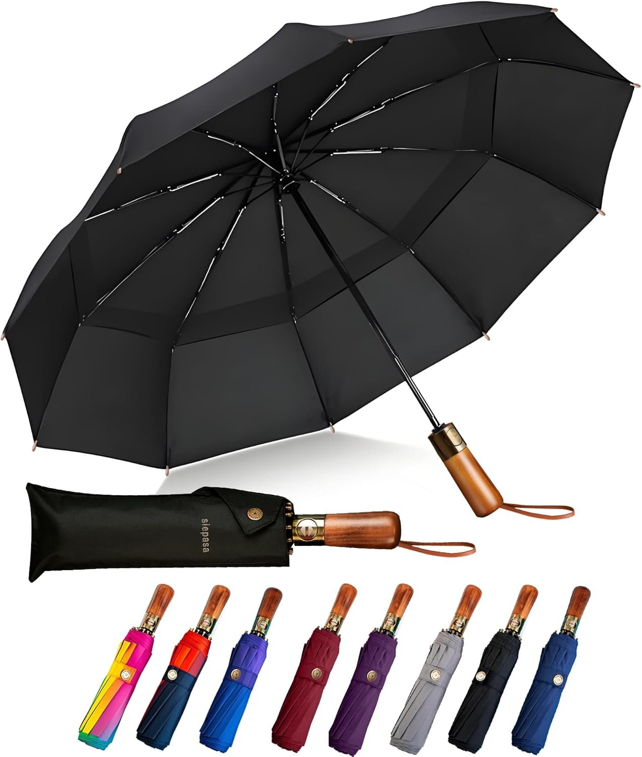 SIEPASA 49/54/62 Inch Windproof Golf Umbrella – Automatic Open/Close. Real Wood Handle – Large Folding Travel Umbrella for Wind. Rain & Sun Protection.