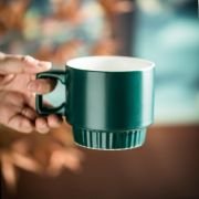 Stackable Coffee Mugs Set of 4 with Holder Spoons 11oz Ceramic Cappuccino Cups for Espresso Latte Tea Drinks. Dishwasher & Microwave Safe. Green