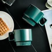 Stackable Coffee Mugs Set of 4 with Holder Spoons 11oz Ceramic Cappuccino Cups for Espresso Latte Tea Drinks. Dishwasher & Microwave Safe. Green