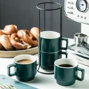 Stackable Coffee Mugs Set of 4 with Holder Spoons 11oz Ceramic Cappuccino Cups for Espresso Latte Tea Drinks. Dishwasher & Microwave Safe. Green