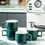 Stackable Coffee Mugs Set of 4 with Holder Spoons 11oz Ceramic Cappuccino Cups for Espresso Latte Tea Drinks. Dishwasher & Microwave Safe. Green