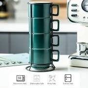 Stackable Coffee Mugs Set of 4 with Holder Spoons 11oz Ceramic Cappuccino Cups for Espresso Latte Tea Drinks. Dishwasher & Microwave Safe. Green