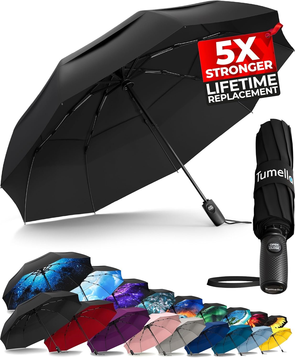 TUMELLA Strongest Windproof Travel Umbrella (Compact. Superior & Beautiful). Small Strong but Light Portable and Automatic Folding Rain Umbrella. Durable Premium Grip. Fits Car & Backpack