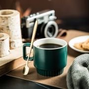 Stackable Coffee Mugs Set of 4 with Holder Spoons 11oz Ceramic Cappuccino Cups for Espresso Latte Tea Drinks. Dishwasher & Microwave Safe. Green