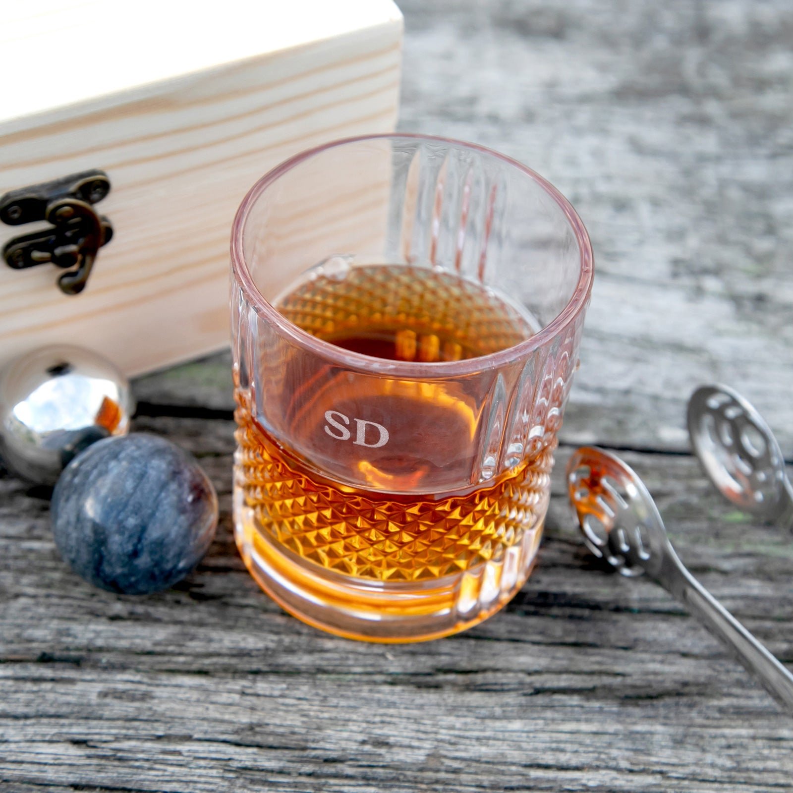 Engraved Birthday Wooden Gift Boxed Spinning Scotch Glass Set