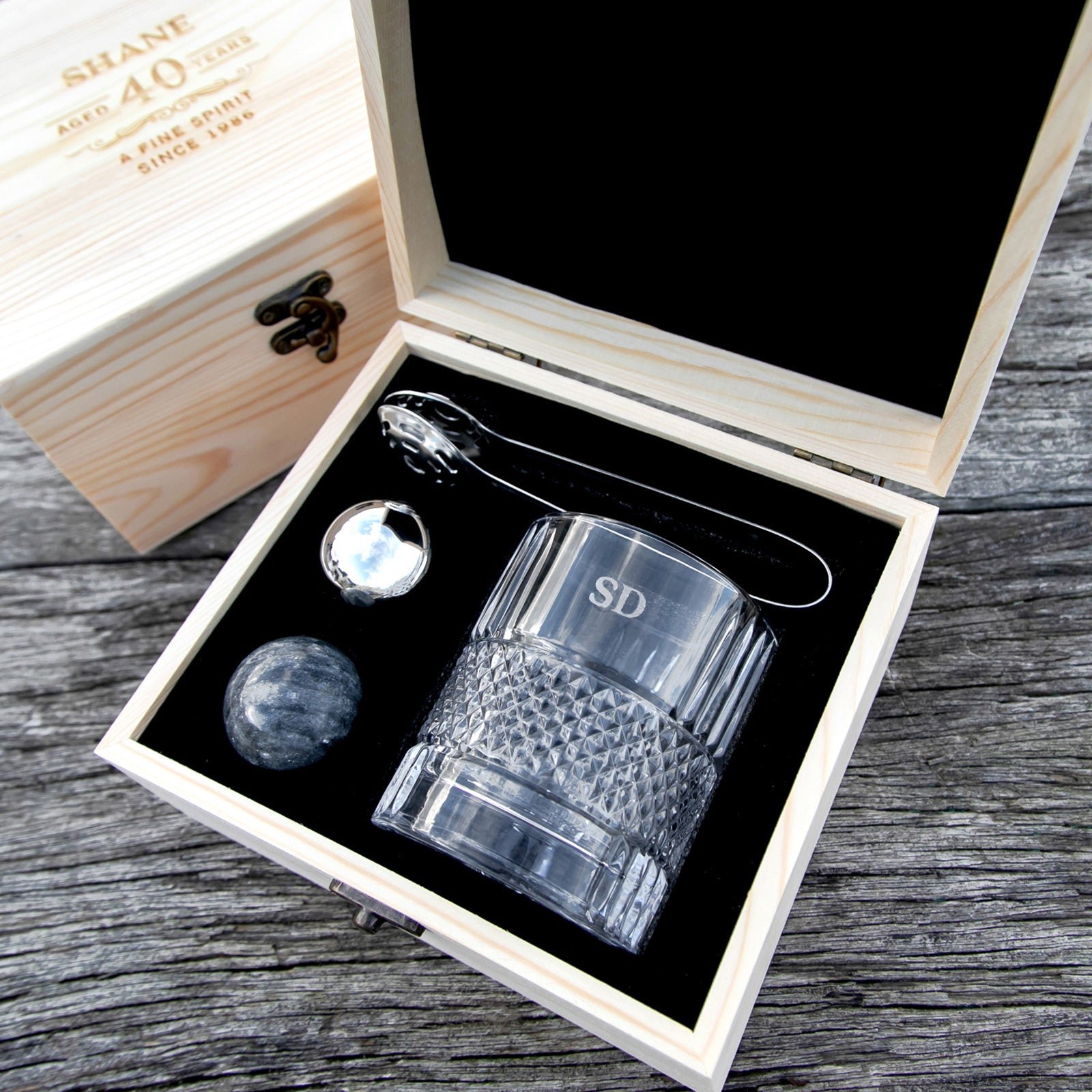 Engraved Birthday Wooden Gift Boxed Spinning Scotch Glass Set