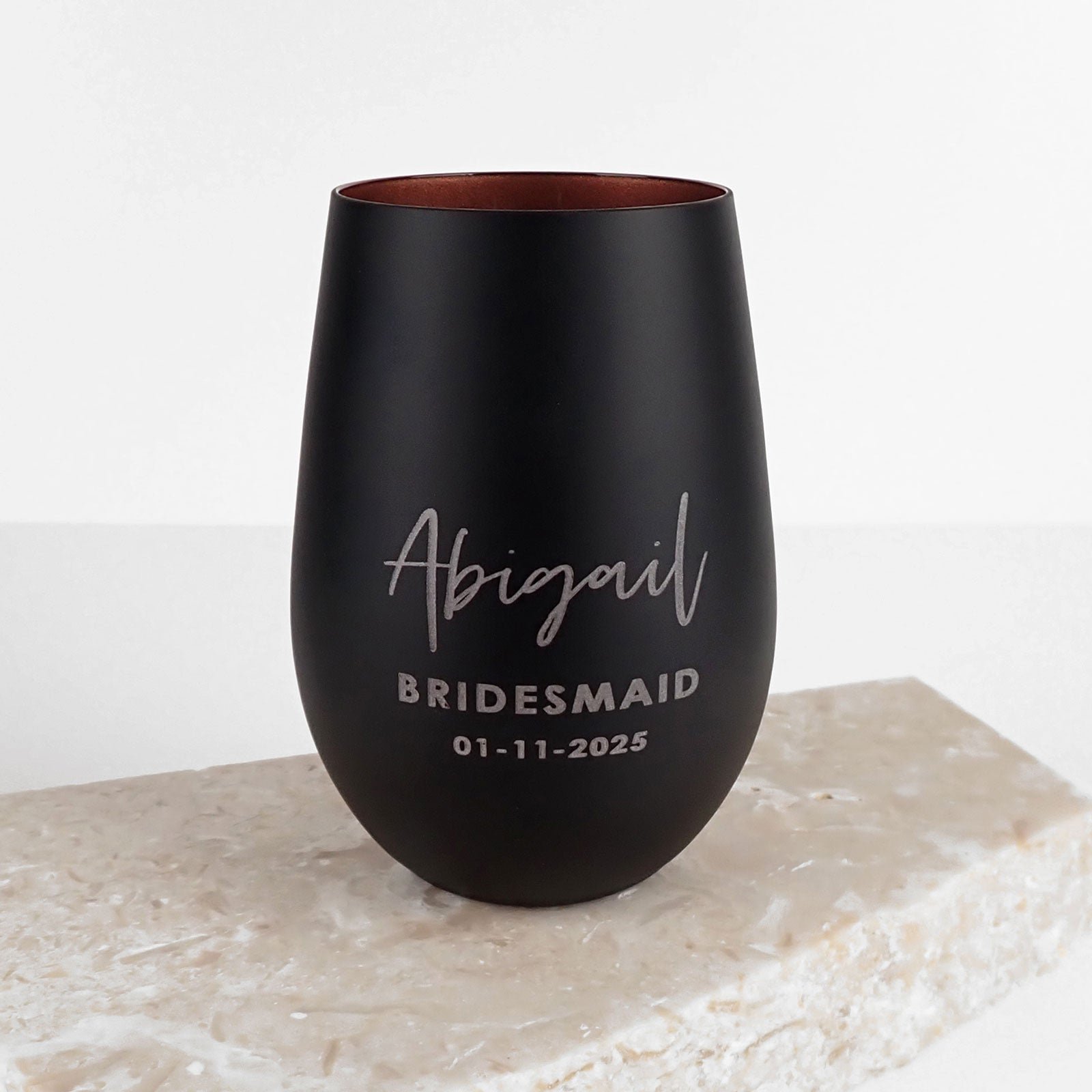 Engraved Matte Black 465ml Stemless Wine Glass