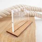 Engraved Clear Acrylic Rectangle Wedding Place Cards with Wooden Base Stand