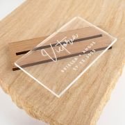 Engraved Clear Acrylic Rectangle Wedding Place Cards with Wooden Base Stand
