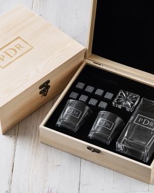 Engraved Corporate Wooden Gift Boxed Decanter. Scotch Glasses and Whiskey Stone Set