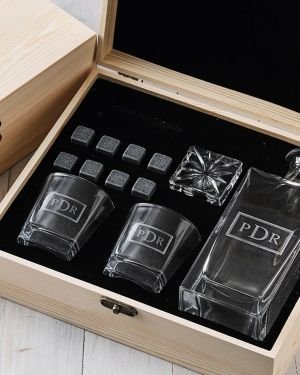 Engraved Corporate Wooden Gift Boxed Decanter. Scotch Glasses and Whiskey Stone Set
