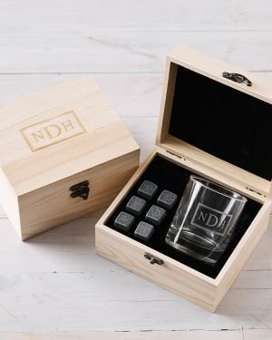 Engraved Corporate Wooden Gift Boxed Scotch Glass and Whiskey Stone Set