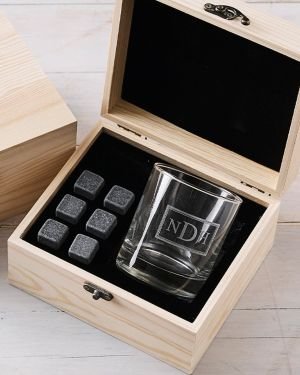 Engraved Corporate Wooden Gift Boxed Scotch Glass and Whiskey Stone Set