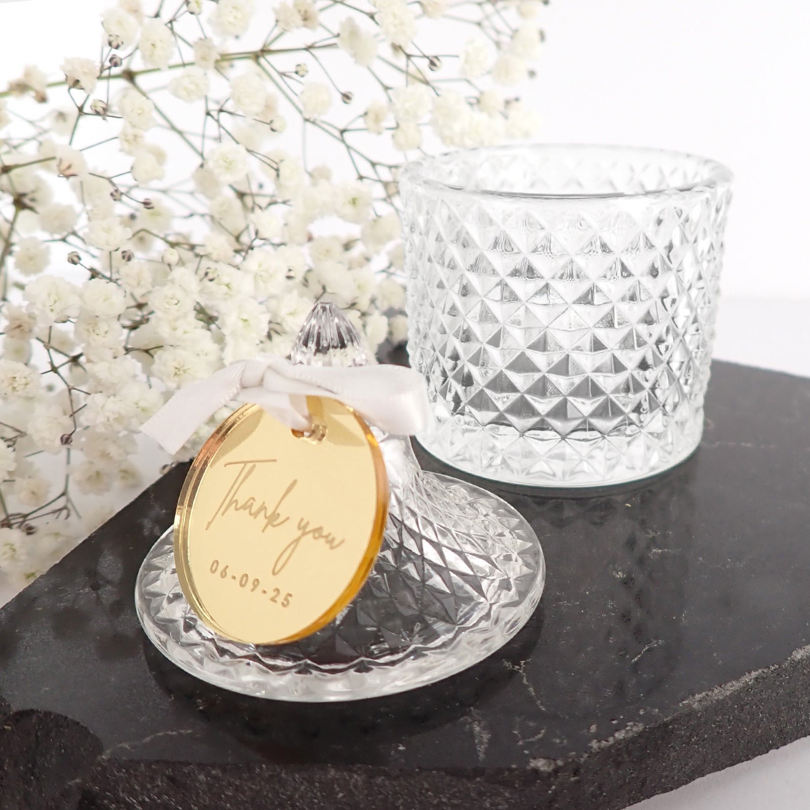 Wedding Crystal Glass Favour Jar with Engraved Gift Tag