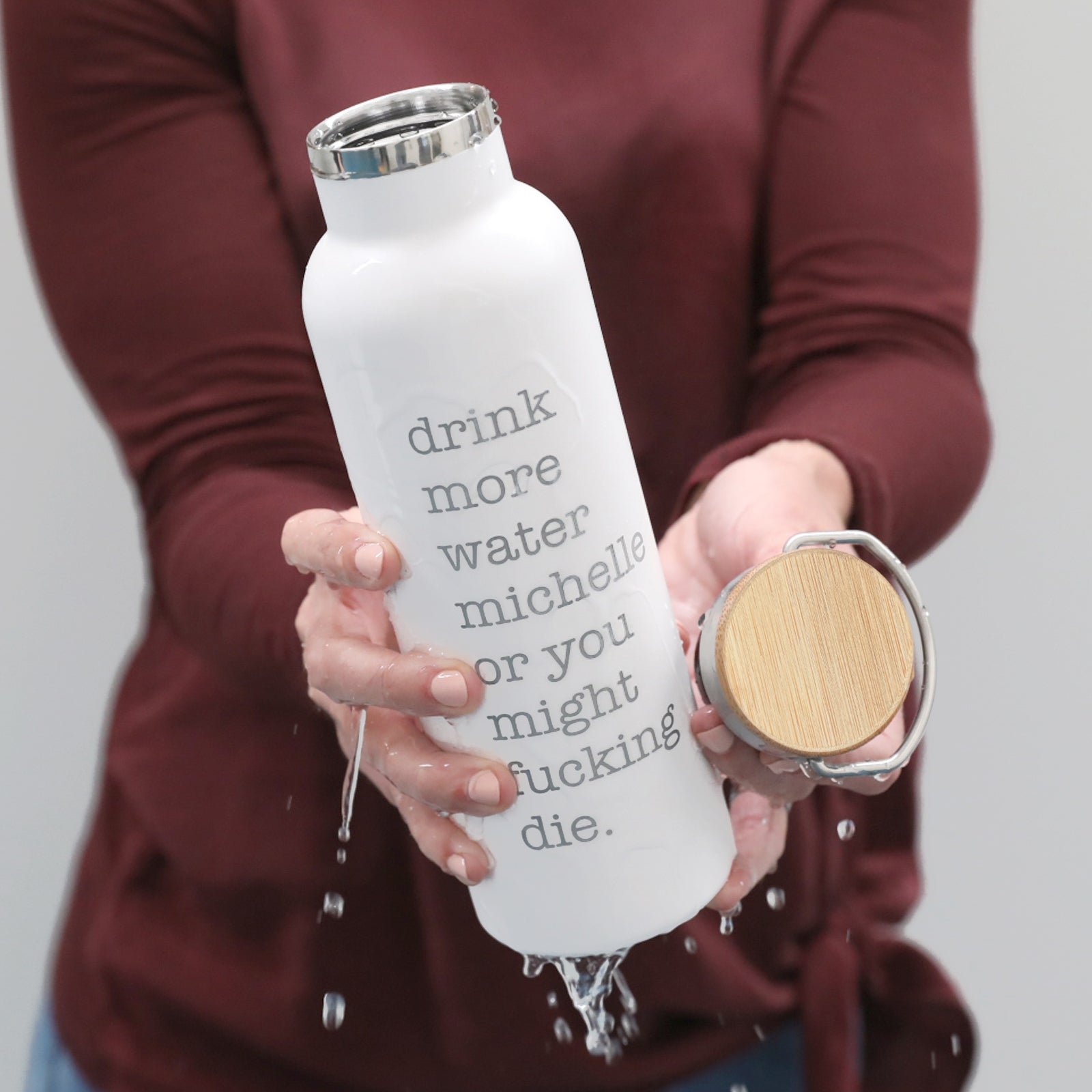 Drink More Water – Engraved Water Bottle with Wooden Lid
