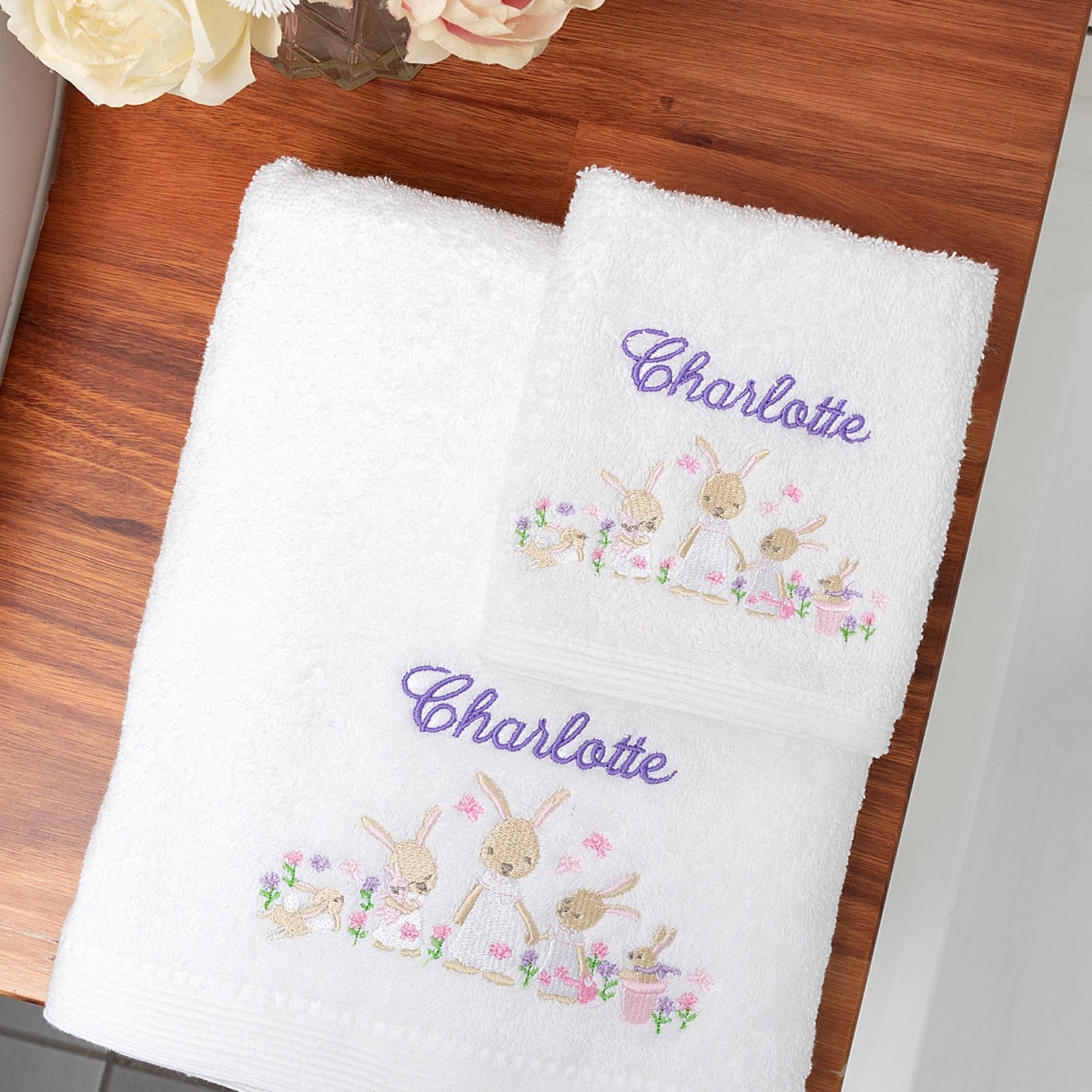 Embroidered Bunny Garden Bath Towel and Face Washer Set
