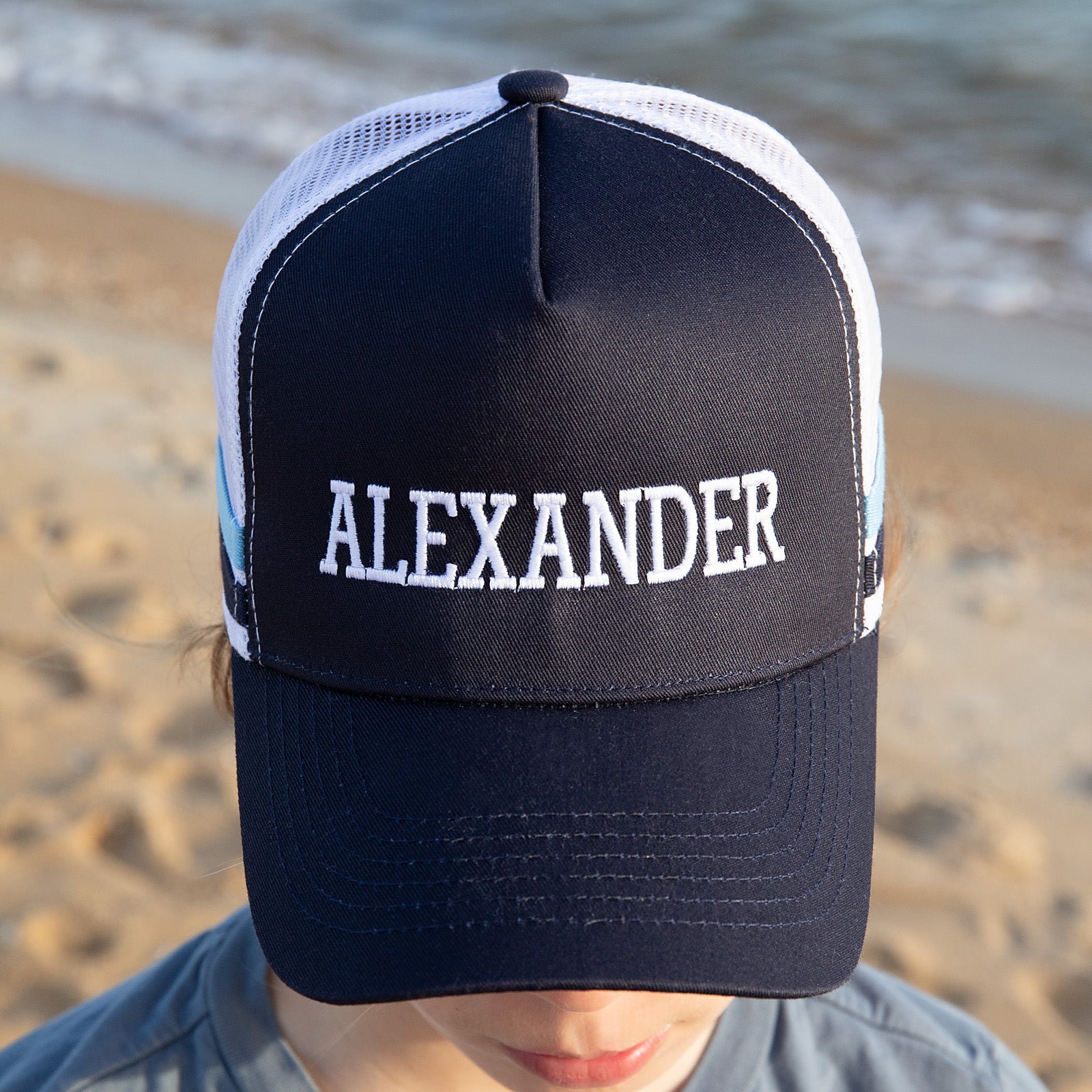Embroidered Kids Striped Trucker Cap – Navy