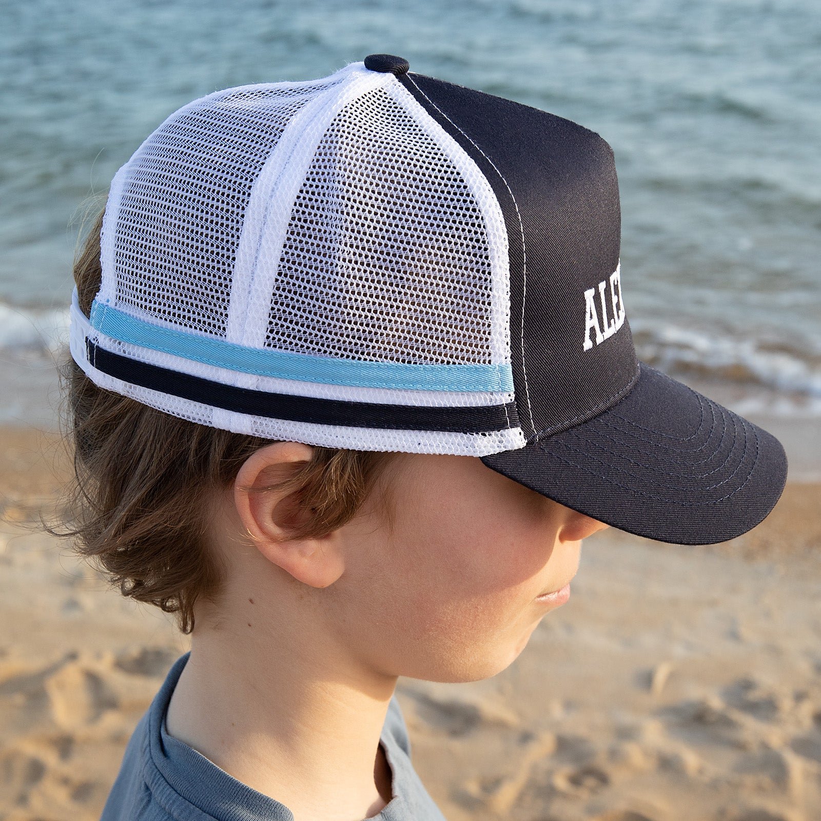 Embroidered Kids Striped Trucker Cap – Navy