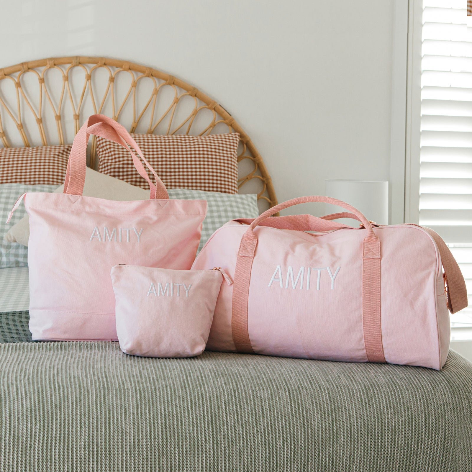 Embroidered Blush Pink Canvas 3 Piece Travel Bag Set