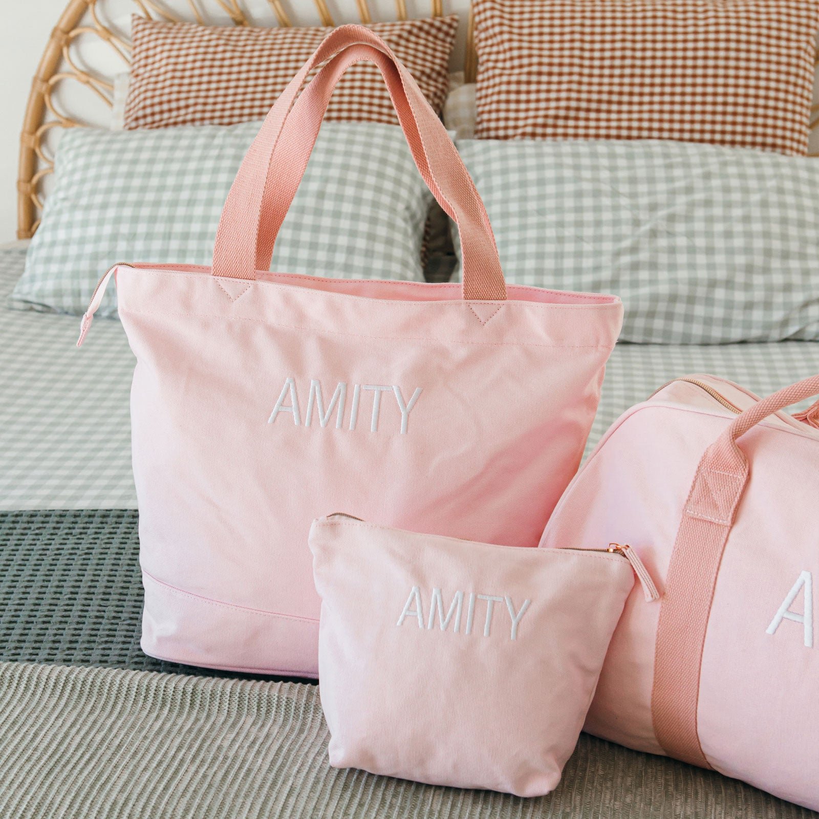 Embroidered Blush Pink Canvas 3 Piece Travel Bag Set