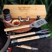 3 Piece BBQ Utensils Set with Engraved Bamboo Carry Case