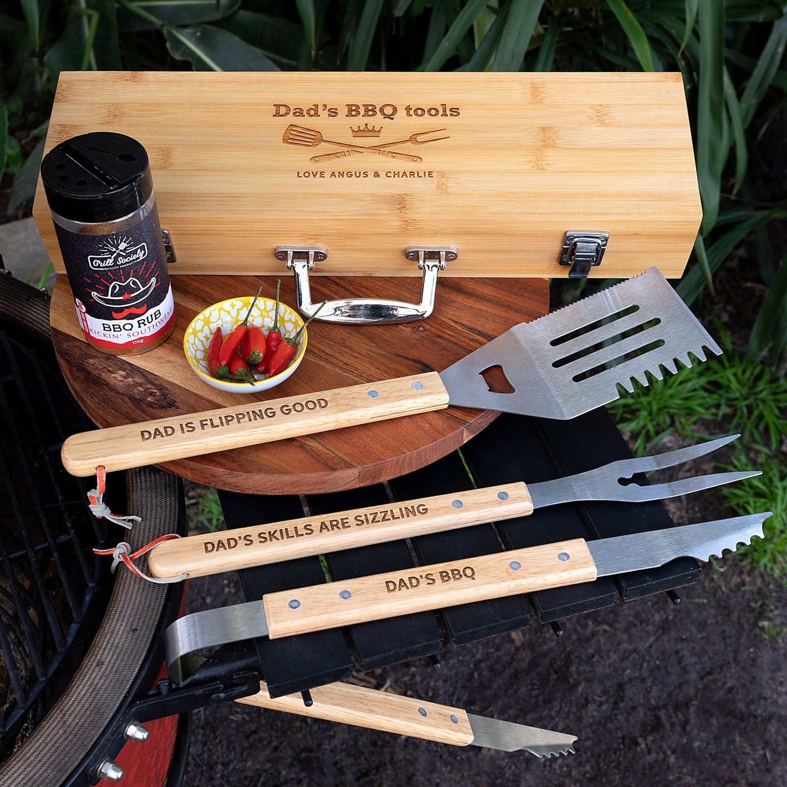 3 Piece BBQ Utensils Set with Engraved Bamboo Carry Case