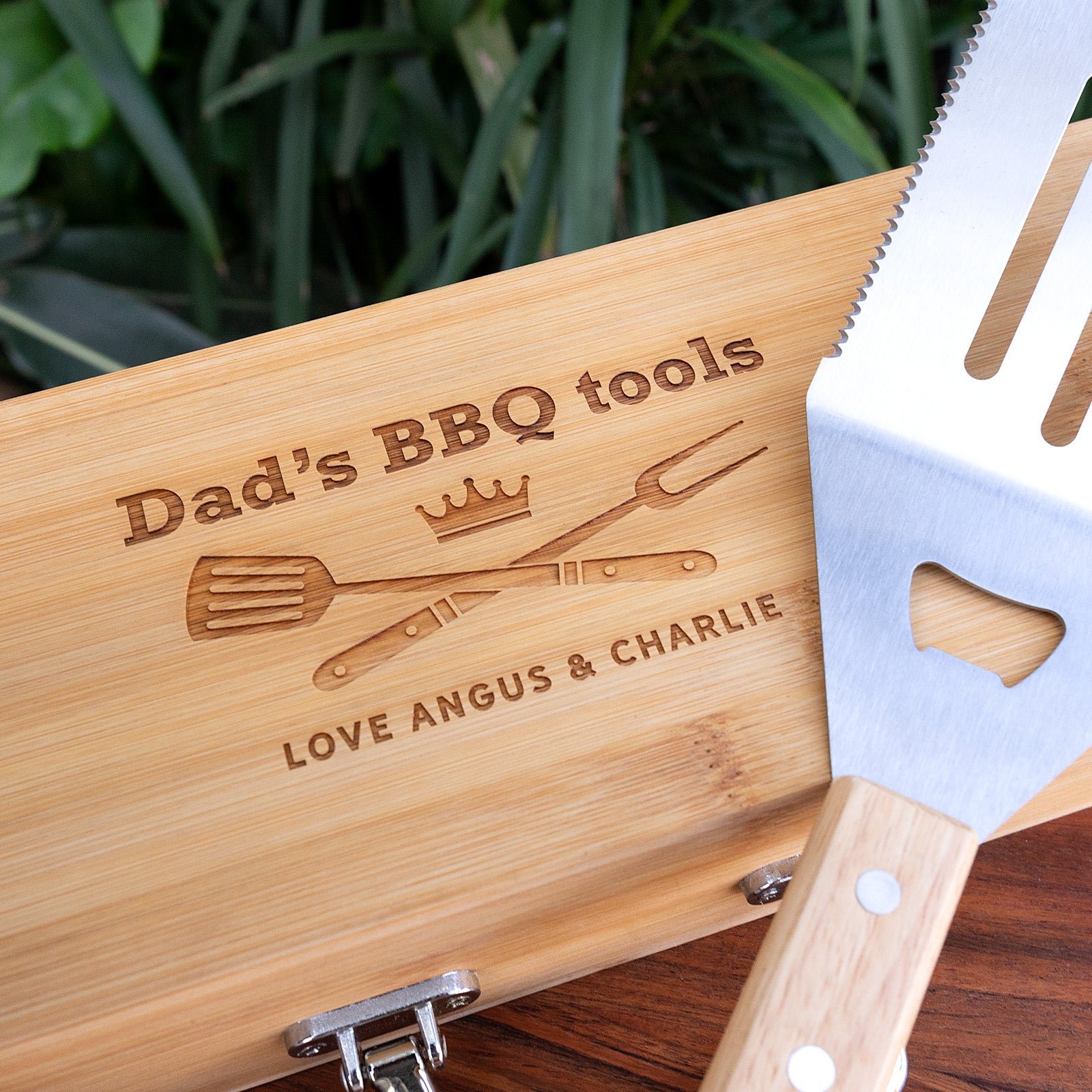 3 Piece BBQ Utensils Set with Engraved Bamboo Carry Case