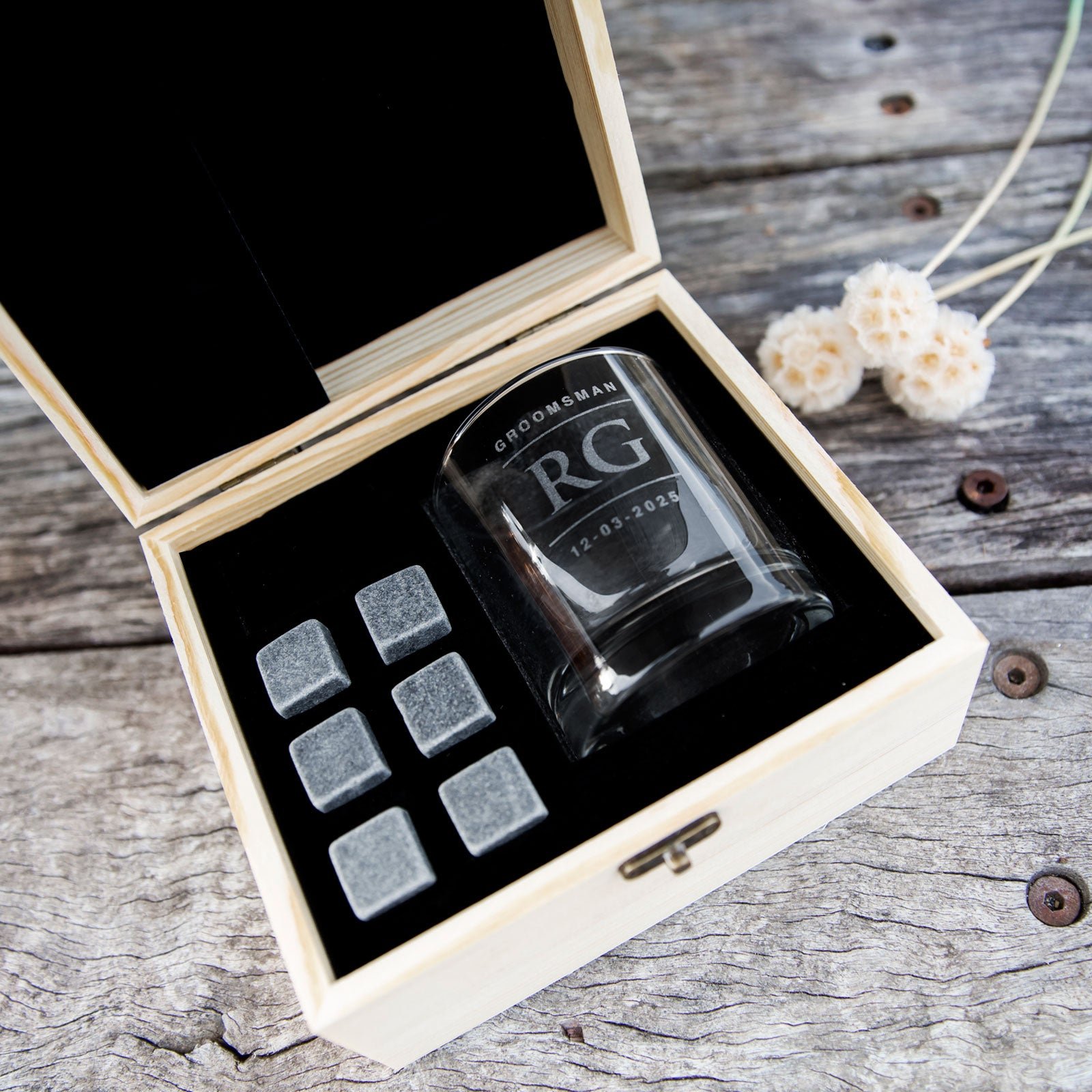 Engraved Bridal Party Wooden Gift Boxed Scotch Glass and Whiskey Stone Set