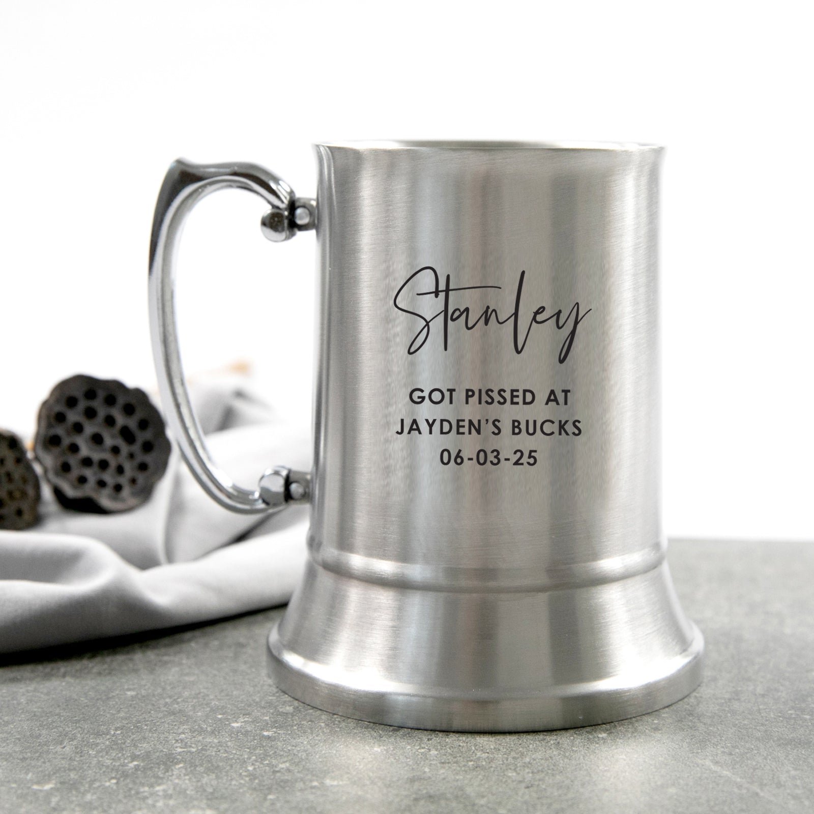 Engraved Bucks Party Silver Metal Beer Mug with Gift Box
