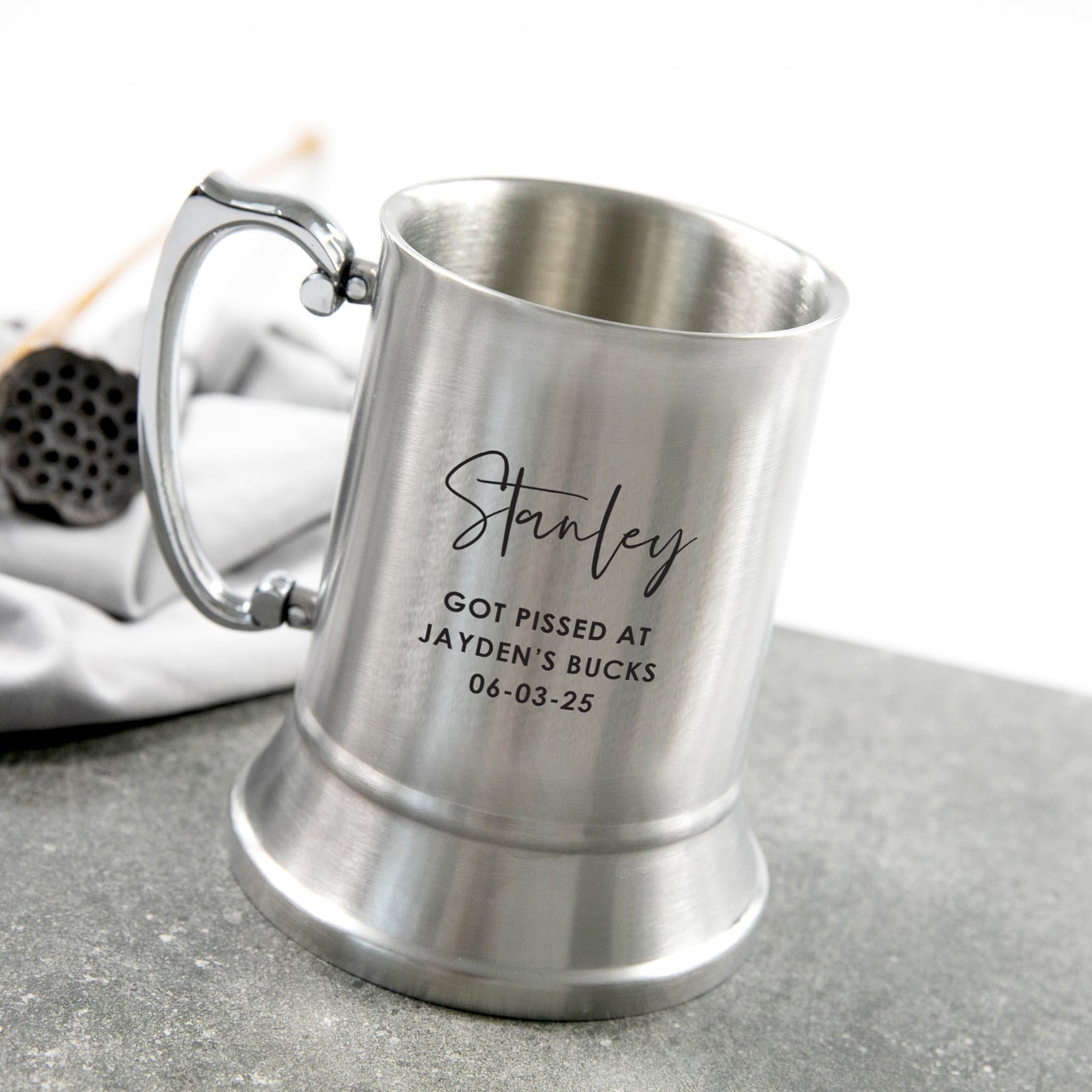 Engraved Bucks Party Silver Metal Beer Mug with Gift Box