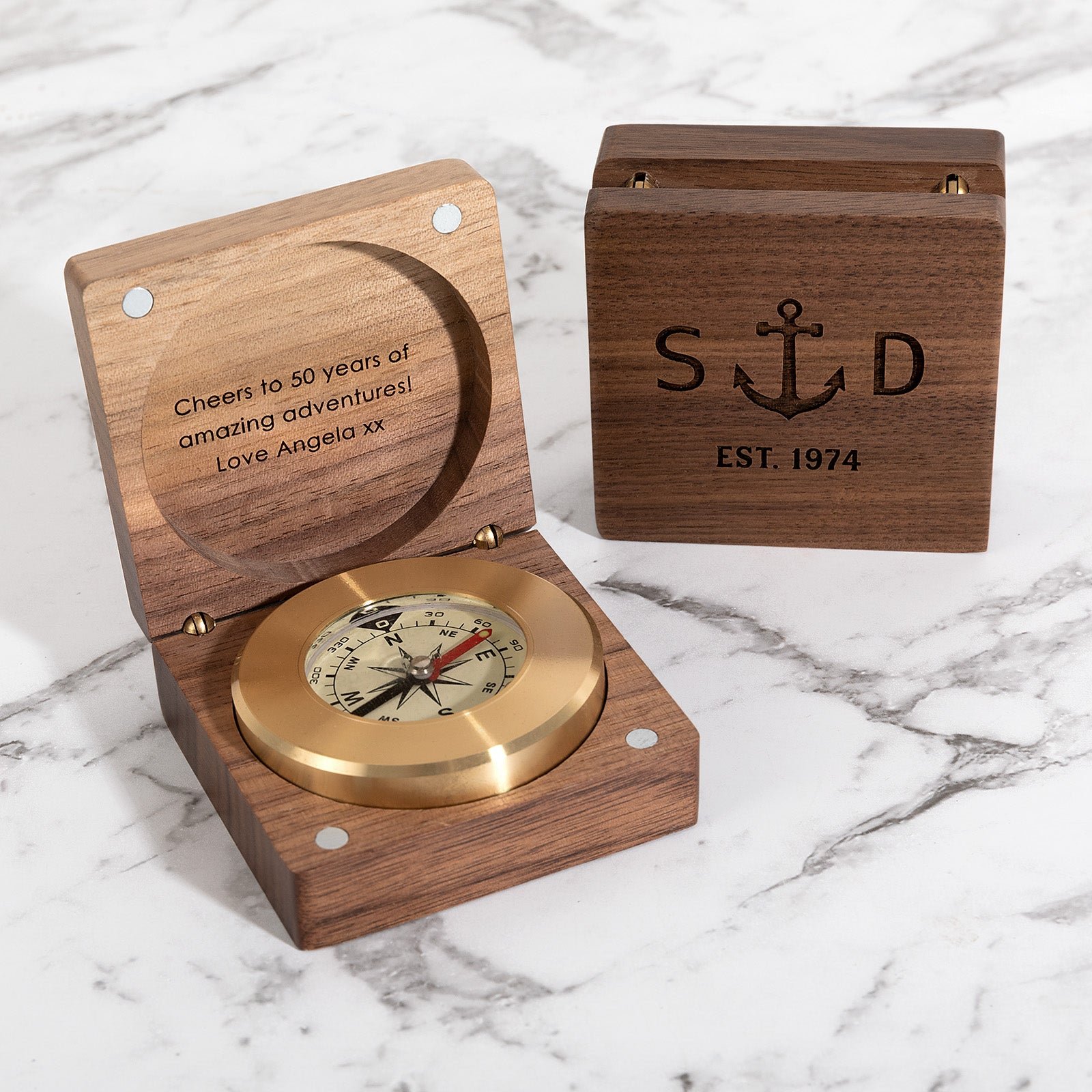 Brass Compass with Engraved Wooden Keepsake Box