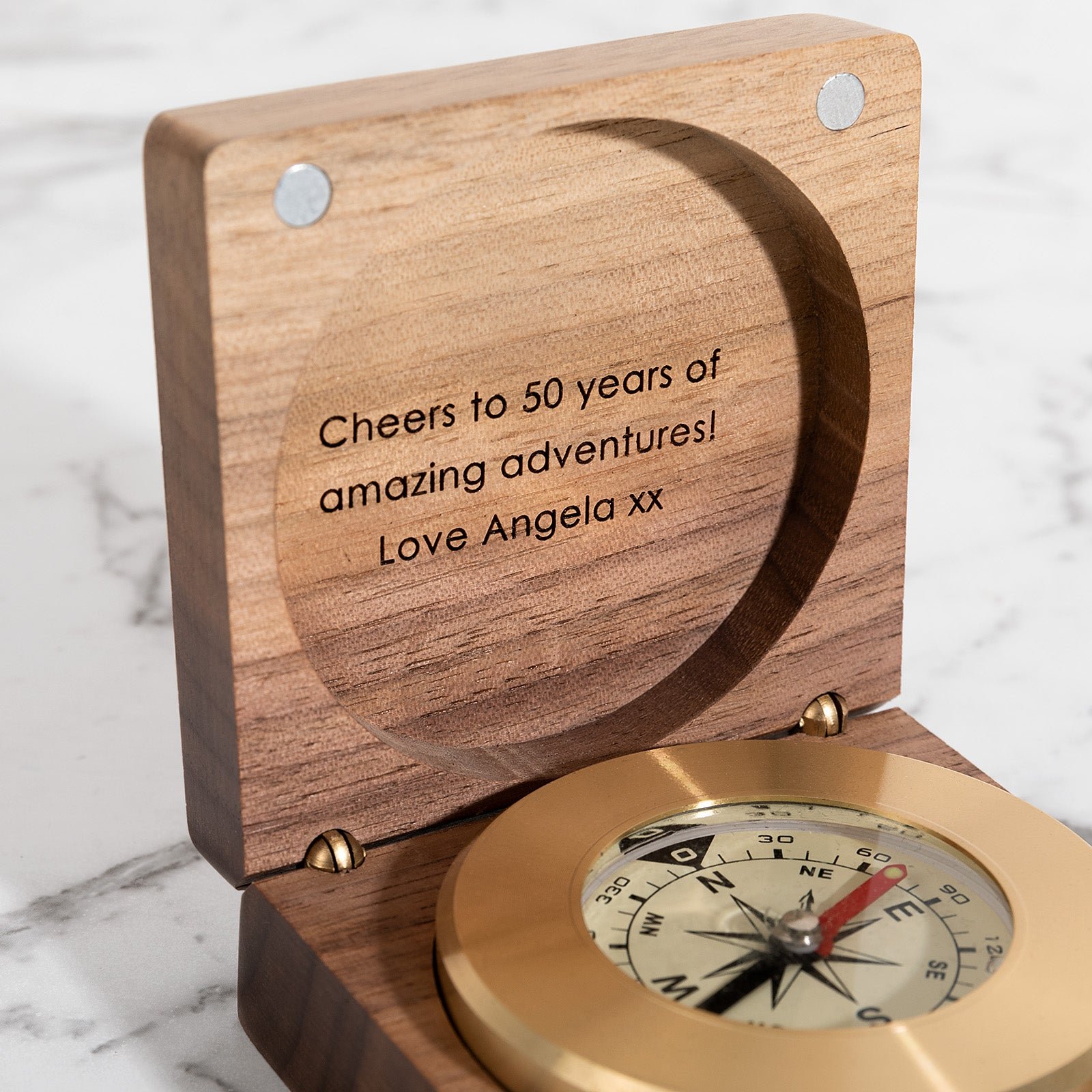 Brass Compass with Engraved Wooden Keepsake Box