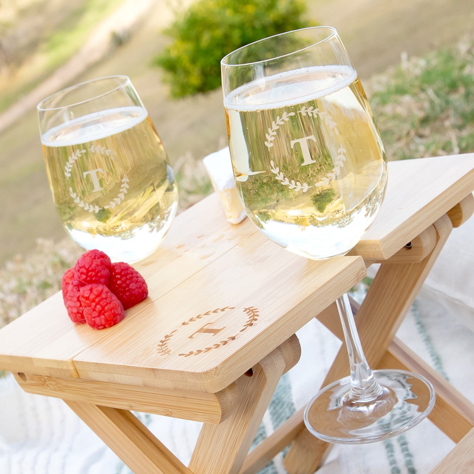 Engraved Mini Bamboo Picnic Table with Engraved Wine Glasses