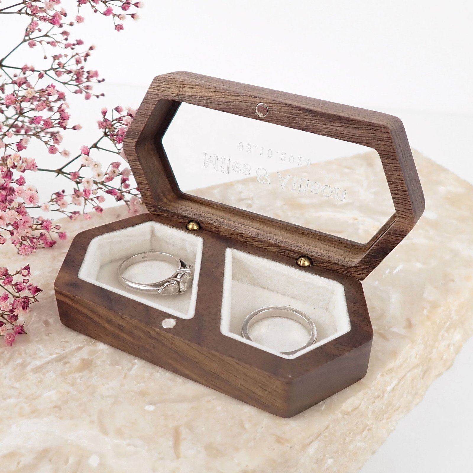 Engraved Walnut Wedding Ring Box
