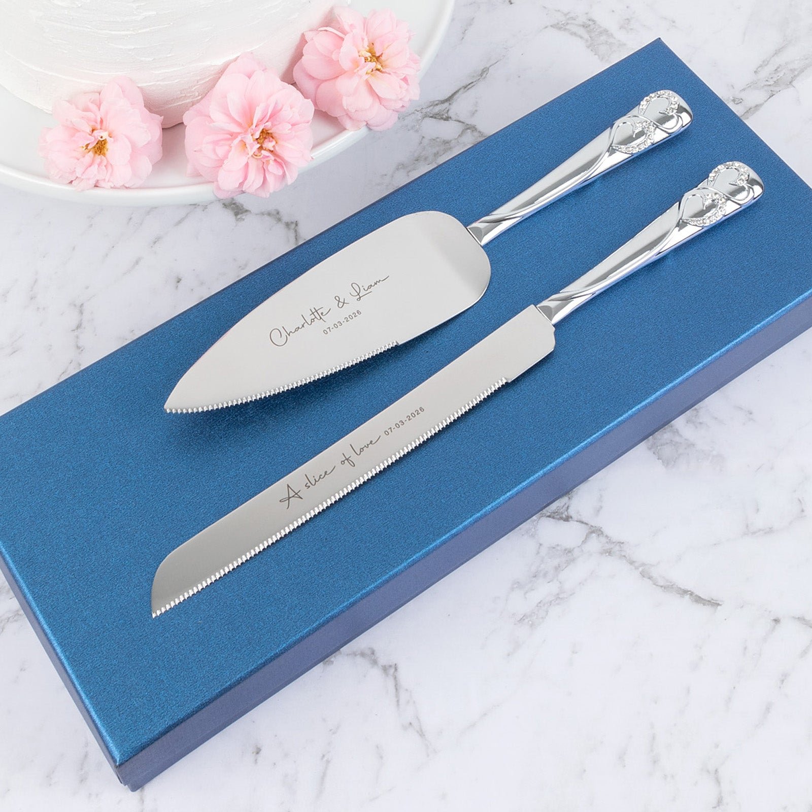 Engraved Wedding Cake Knife Set Silver Binding Hearts