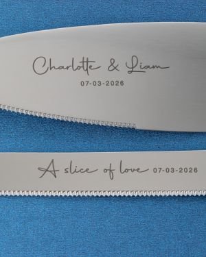 Engraved Wedding Cake Knife Set Silver Binding Hearts