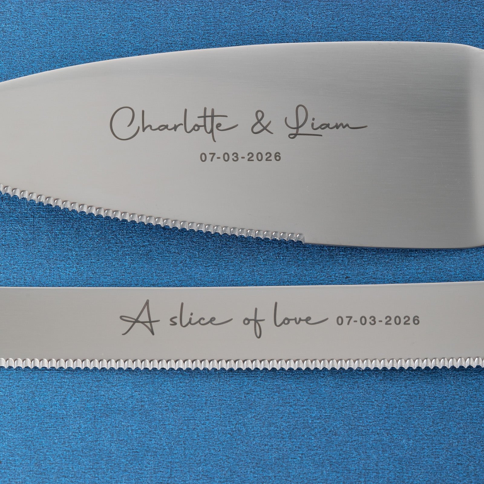 Engraved Wedding Cake Knife Set Silver Binding Hearts