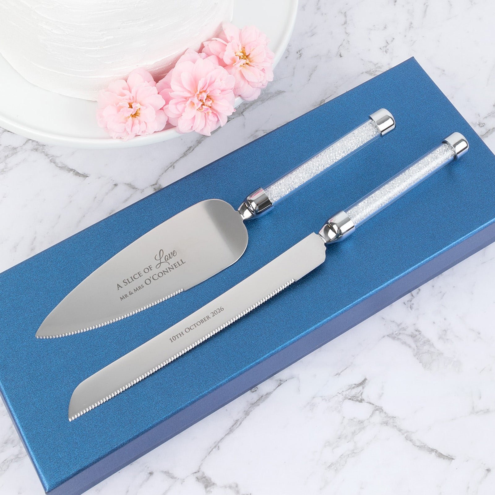 Engraved Wedding Cake Knife Set Silver Crystal