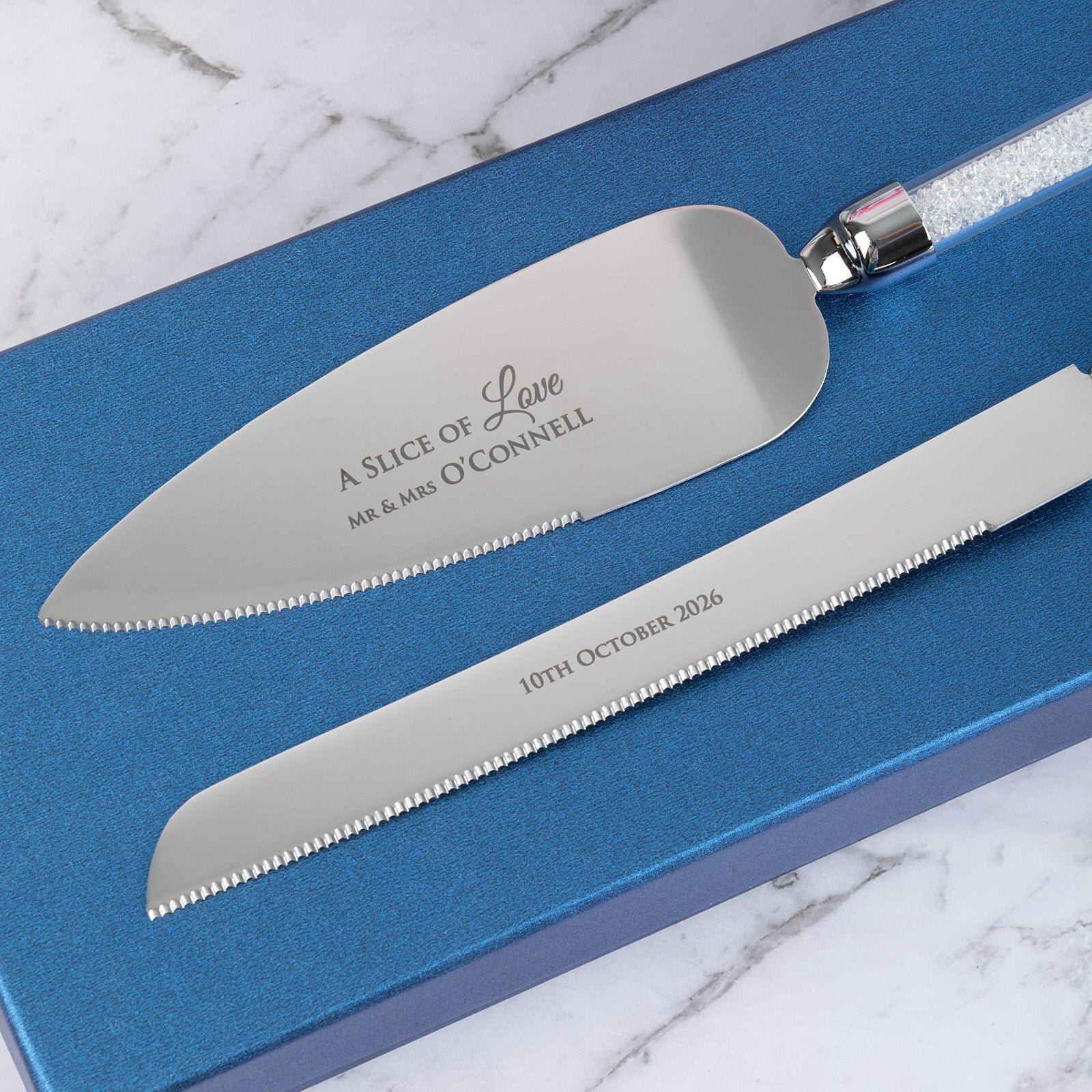 Engraved Wedding Cake Knife Set Silver Crystal