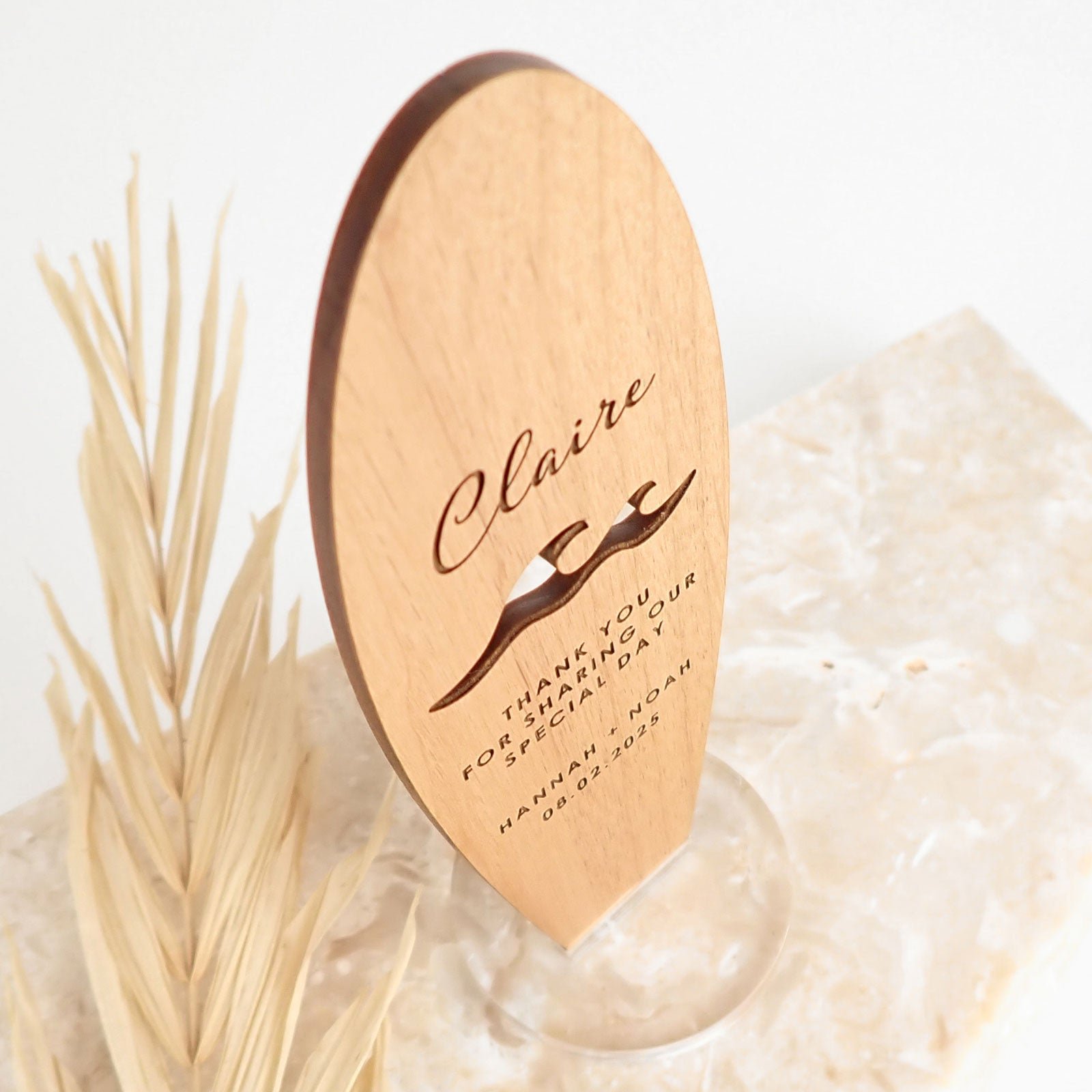 Engraved Wooden Surfboard Place Cards with Stand