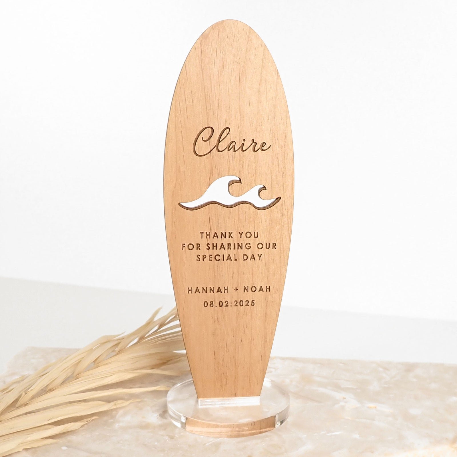Engraved Wooden Surfboard Place Cards with Stand