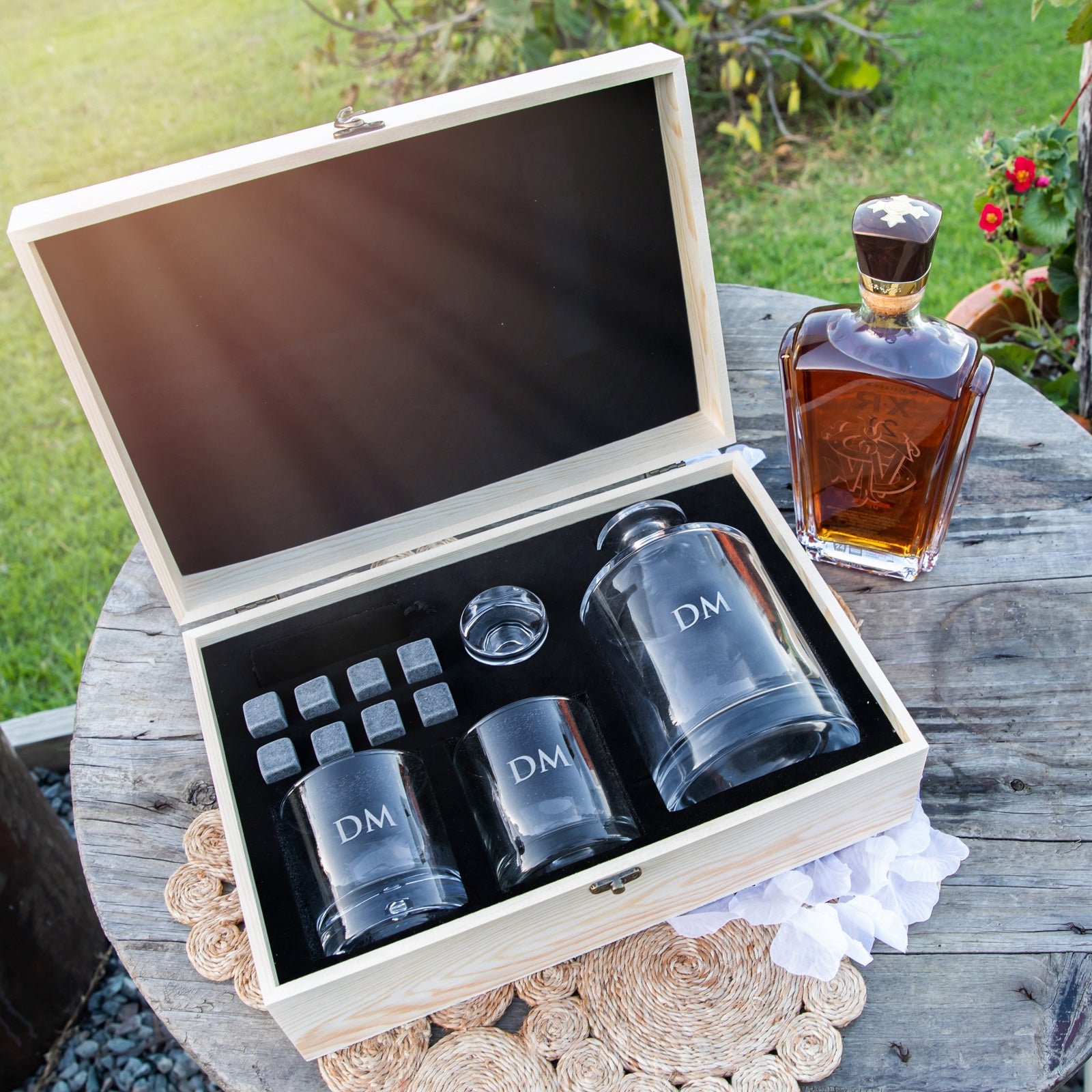 Engraved Bridal Party Wooden Gift Boxed Round Decanter. Scotch Glasses and Whiskey Stone Set