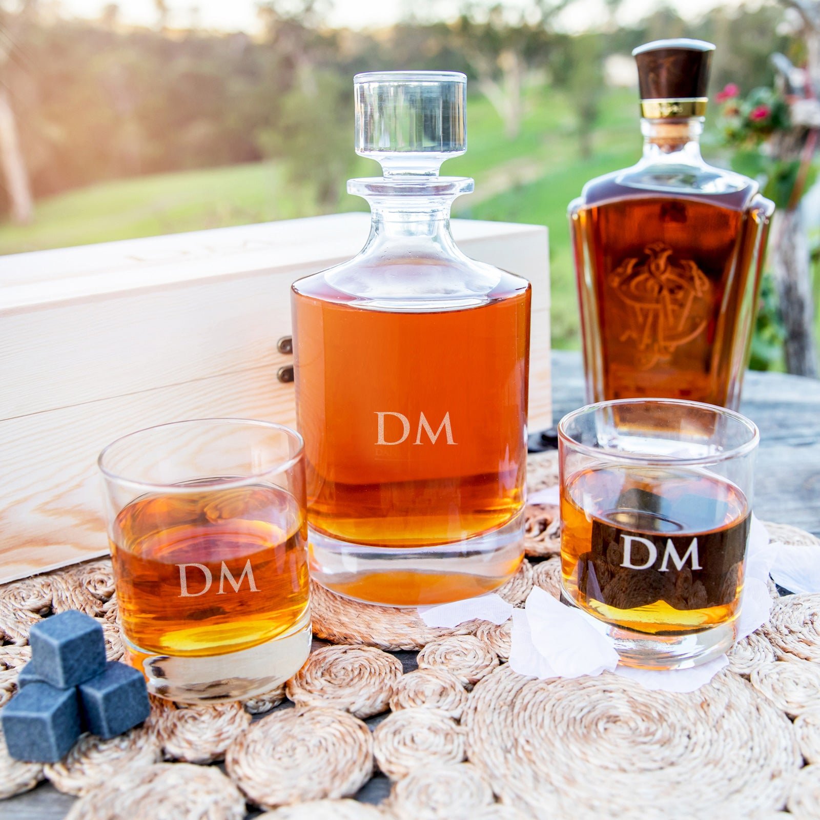 Engraved Bridal Party Wooden Gift Boxed Round Decanter. Scotch Glasses and Whiskey Stone Set