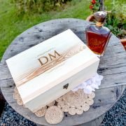 Engraved Bridal Party Wooden Gift Boxed Round Decanter. Scotch Glasses and Whiskey Stone Set
