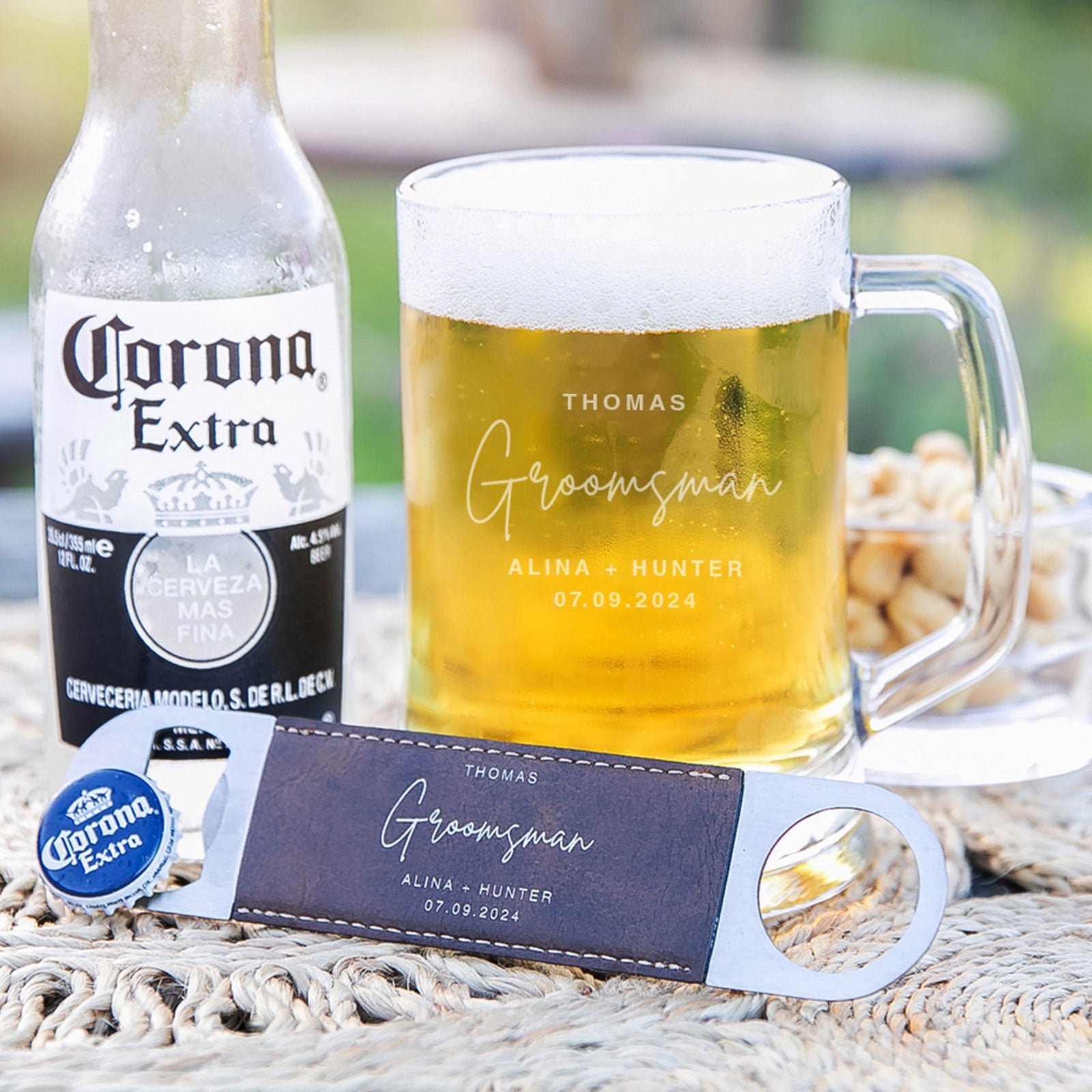 Gift Boxed Engraved Bridal Party 500ml Beer Mug and Leatherette Barmate