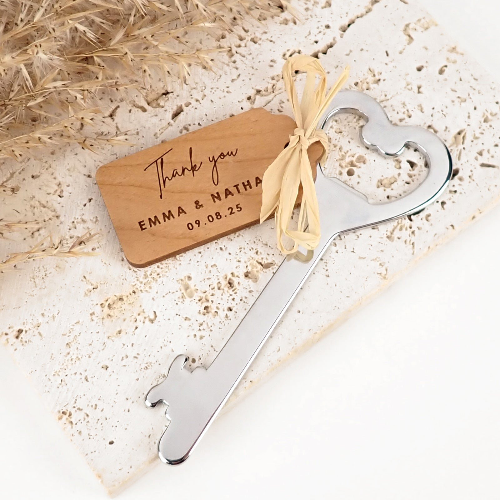 Personalised Silver Heart Bottle Opener with Engraved Wooden Gift Tag