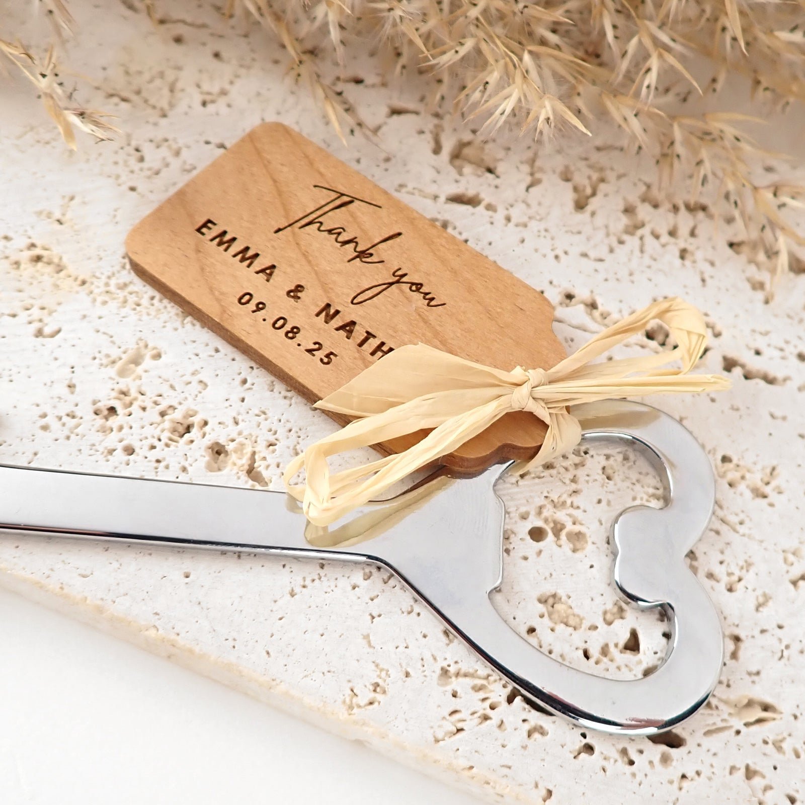 Personalised Silver Heart Bottle Opener with Engraved Wooden Gift Tag